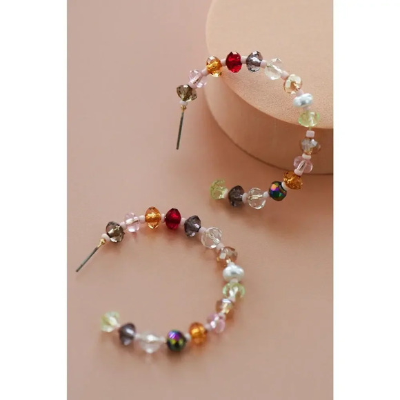 Colorful Crystal Beaded Wire Hoop Earrings - Picture 2 of 3